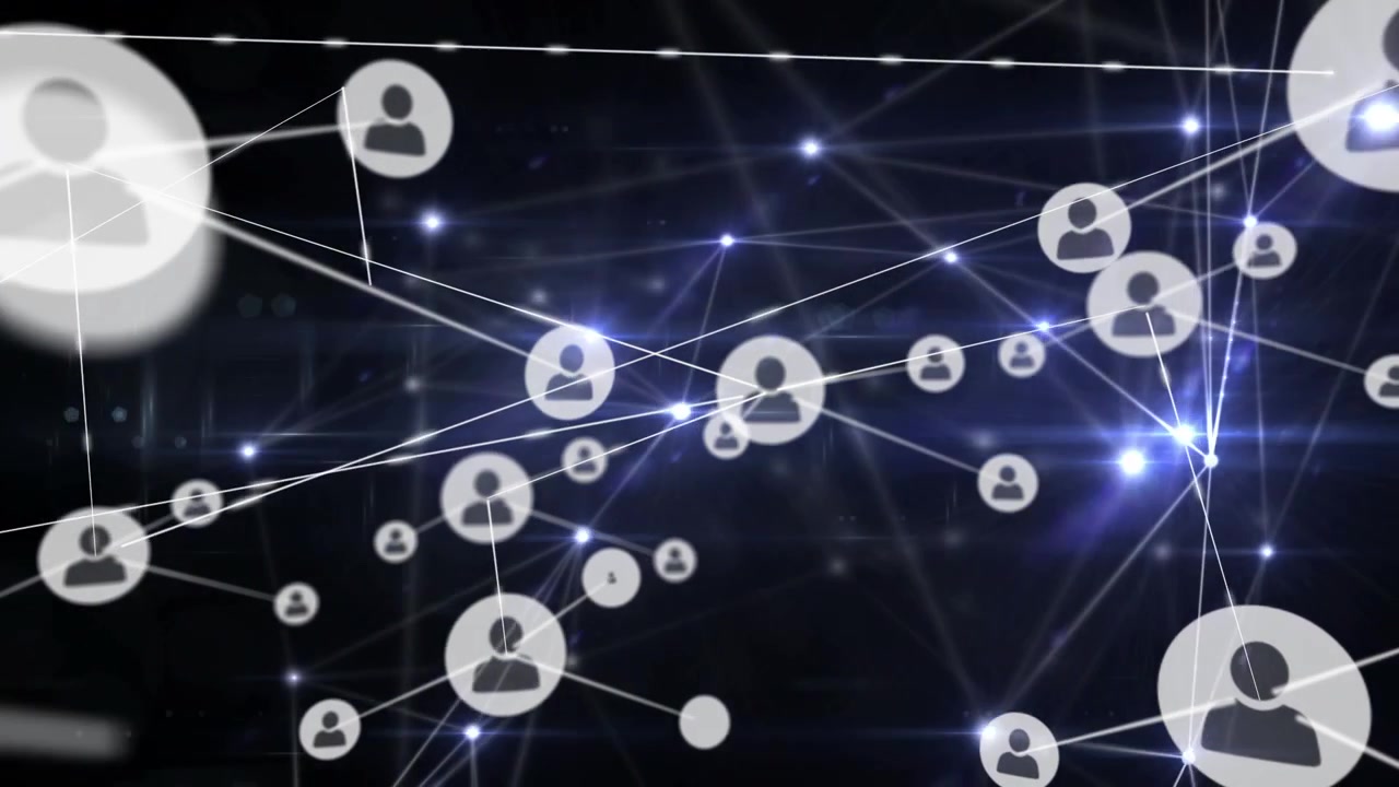 Animazione di rete di connessioni con icone su sfondo nero