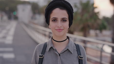 portrait young muslim woman student smiling confident enjoying independent lifestyle cute girl tourist wearing turban in urban city