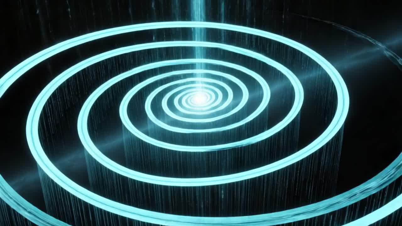 A mesmerizing visual representation of a glowing spiral pattern formed by cascading light and data streams, showcasing a dynamic and futuristic digital environment