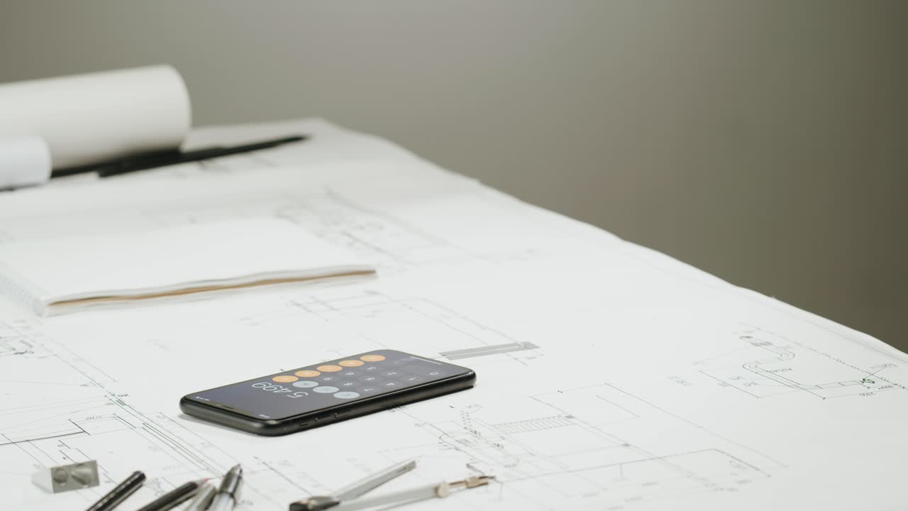 Professional hands working on blueprints with a smartphone calculator