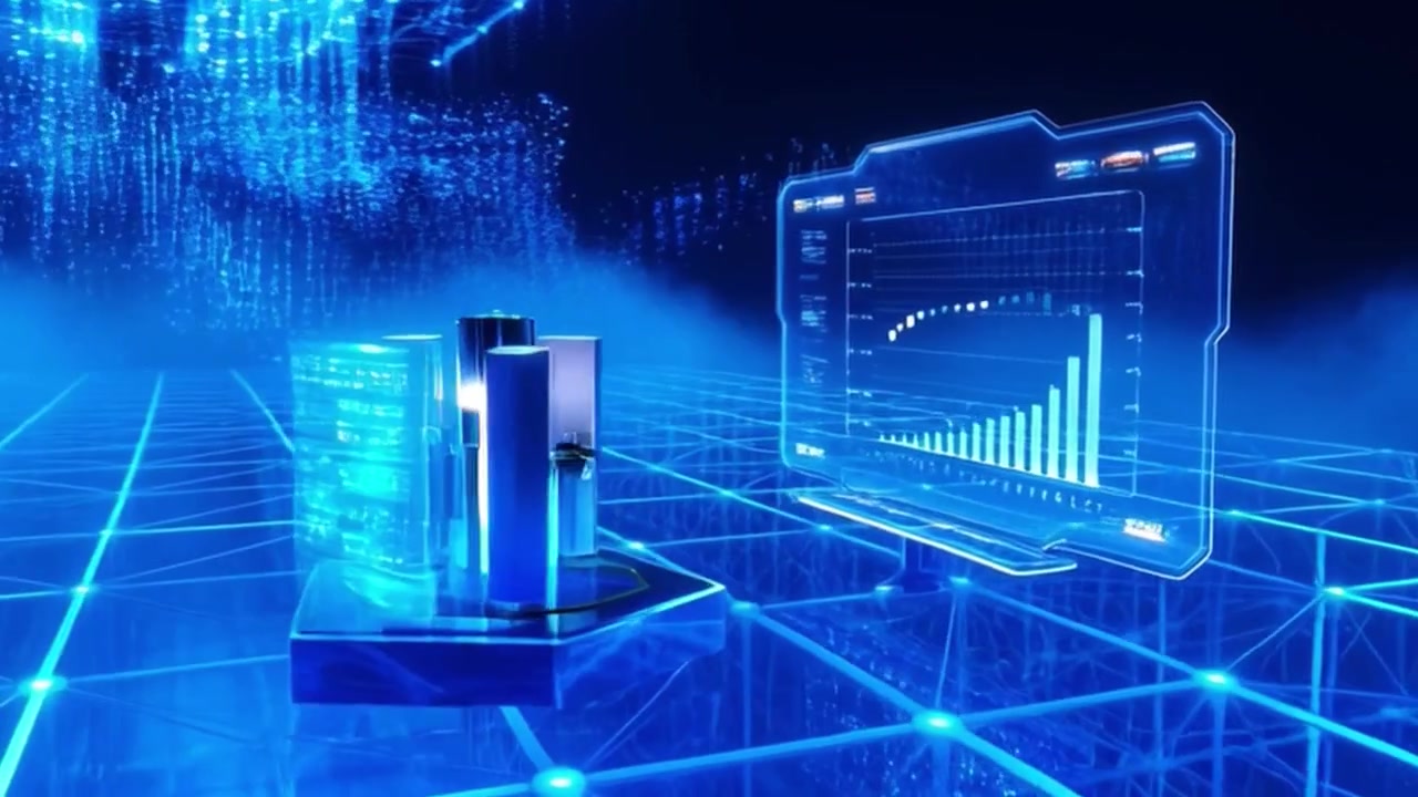 Digital Data Visualization with Glowing Network Grid and Financial Charts