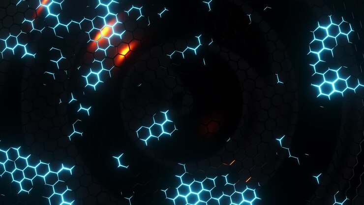 Wavy surface with neon glowing hexagons. Infinitely looped animation
