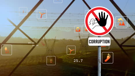 animation of mutiple digital icons and stop curruption sign board against network towers