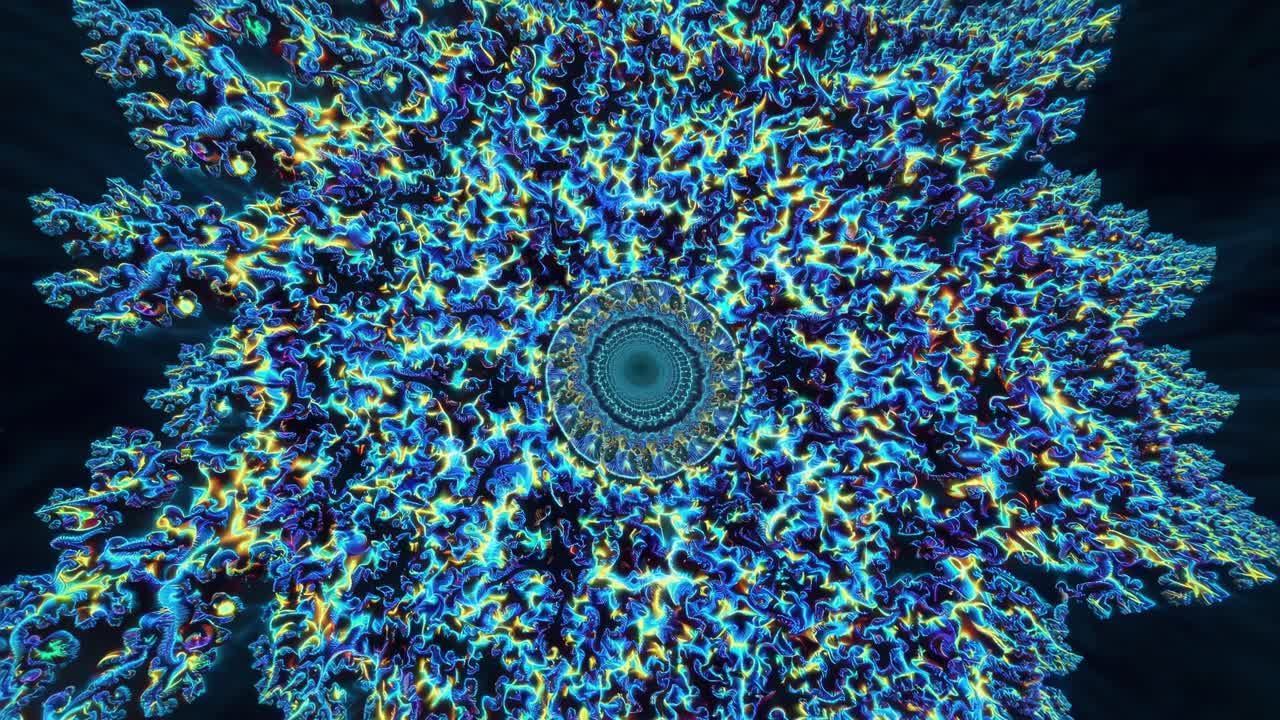 Glowing fractal world creating an infinite tunnel of light and energy, with bright colors and intricate patterns, perfect for backgrounds and artistic projects