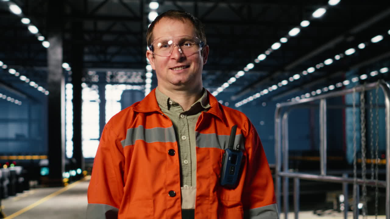 Factory employee monitoring automation equipment in safety vest