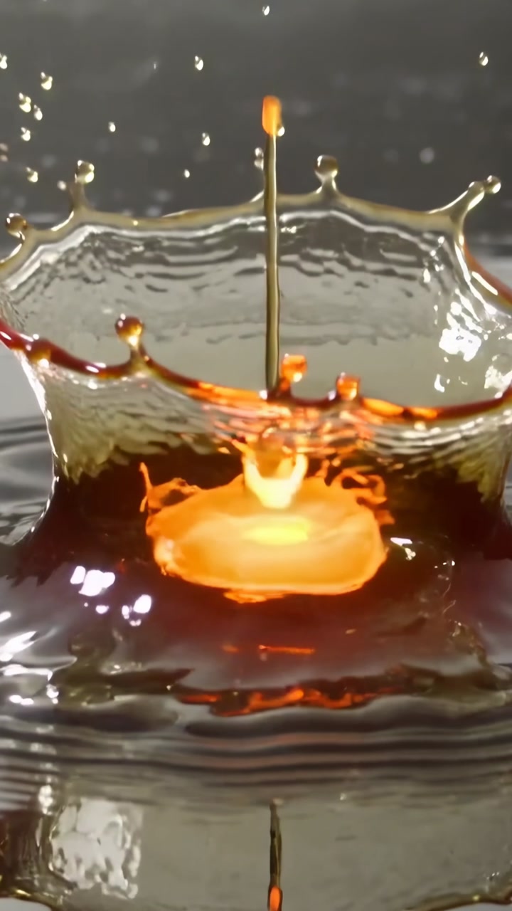 Vertical video: Dropping orange droplet pulled by gravity from nozzle to dark pool, forming crown