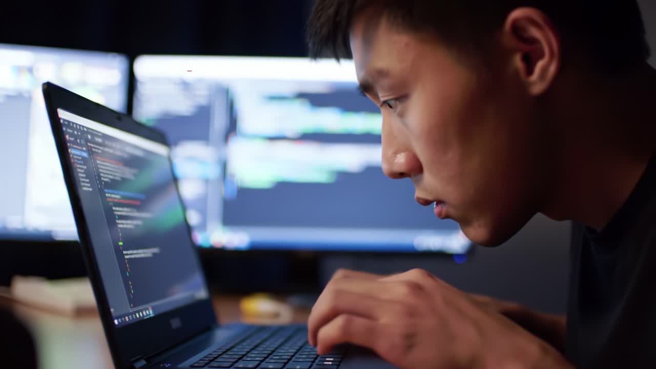 A programmer works intently on a laptop in a dark room illuminated by computer screens. Lines of code are visible, showcasing a focused coding session late at night.