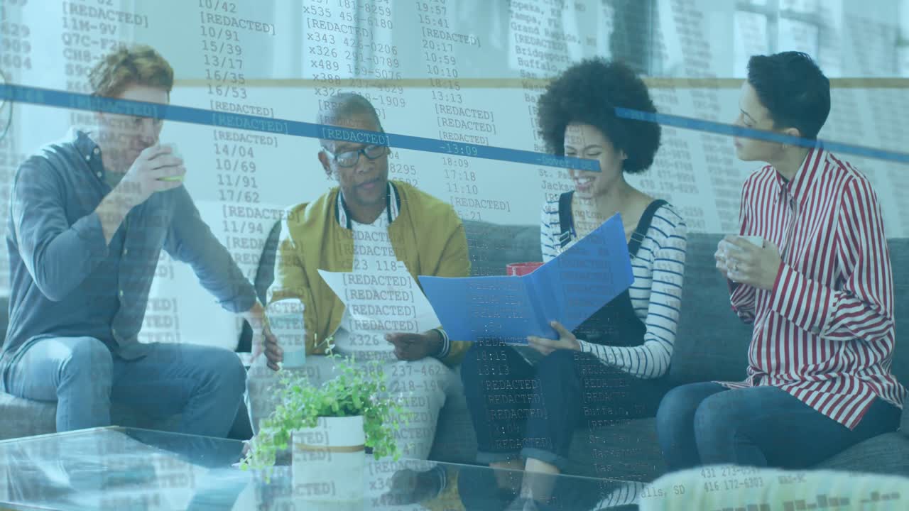 Animation of numbers changing over diverse coworkers talking in office