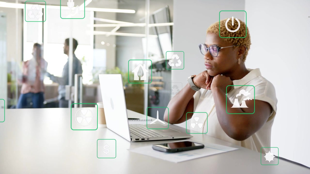 Woman typing laptop, initiating energy icons drifting across frame, analyzing data, cradling neck