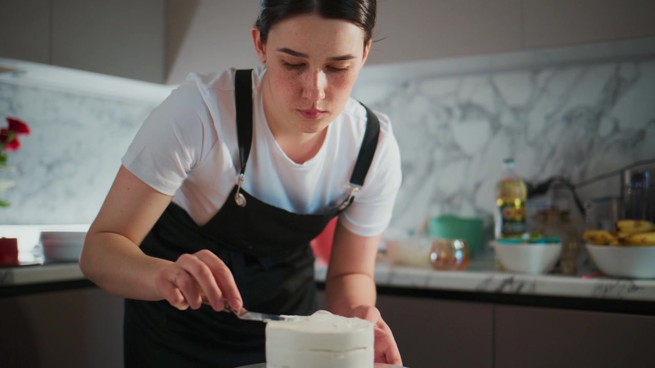 Una giovane donna concentrata, con un grembiule, decora con cura una torta bianca con un coltello. Si china sulla torta, concentrandosi sulla levigatura della glassa. La cucina moderna presenta un paraschizzi in marmo.