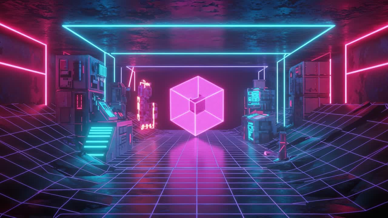 Una straordinaria esperienza visiva in uno spazio futuristico illuminato al neon, caratterizzato da colori brillanti e forme geometriche, che crea un ambiente accattivante e coinvolgente