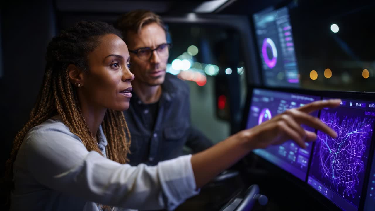 Interactive Data Analysis in a High-Tech Control Room: Two Operators Collaborate on Advanced Digital Interfaces Highlighting Real-Time Statistics and Metrics for Efficient Decision-Making