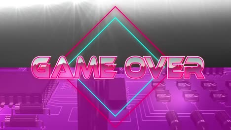 Animation-of-game-over-text-over-geometrical-shapes-and-processor-cores