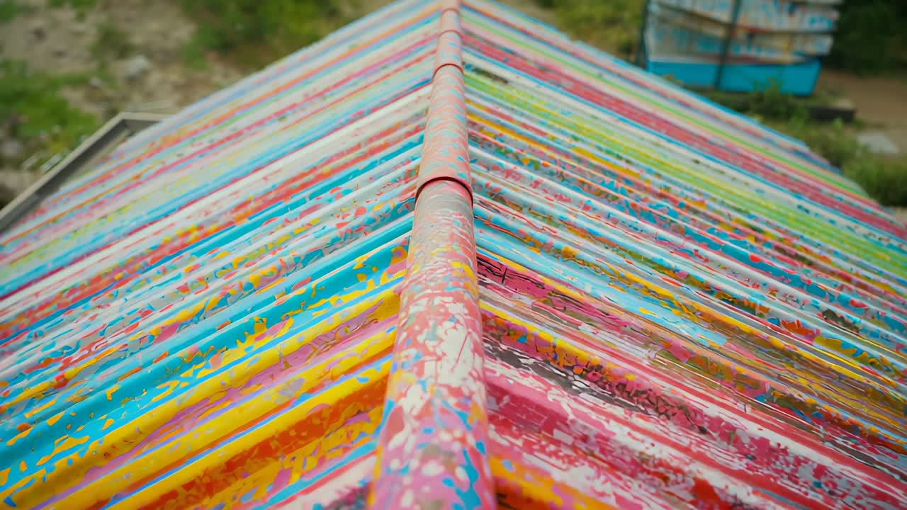 Pulling back camera exposing metal roof ridge pipe in boat yard, showing colorful paint splatters