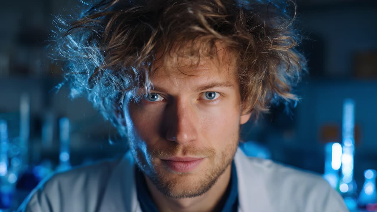 Fokuseret forsker med hår og intenst blik i laboratoriemiljø omgivet af glasartikler, der skaber en atmosfære af innovation og opdagelse