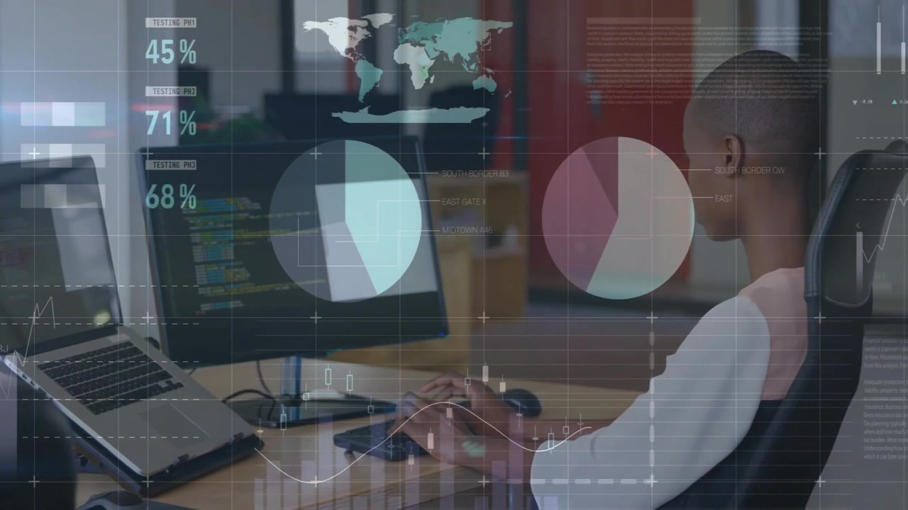 Female software developer coding at desk, viewing code display with floating pie charts world map