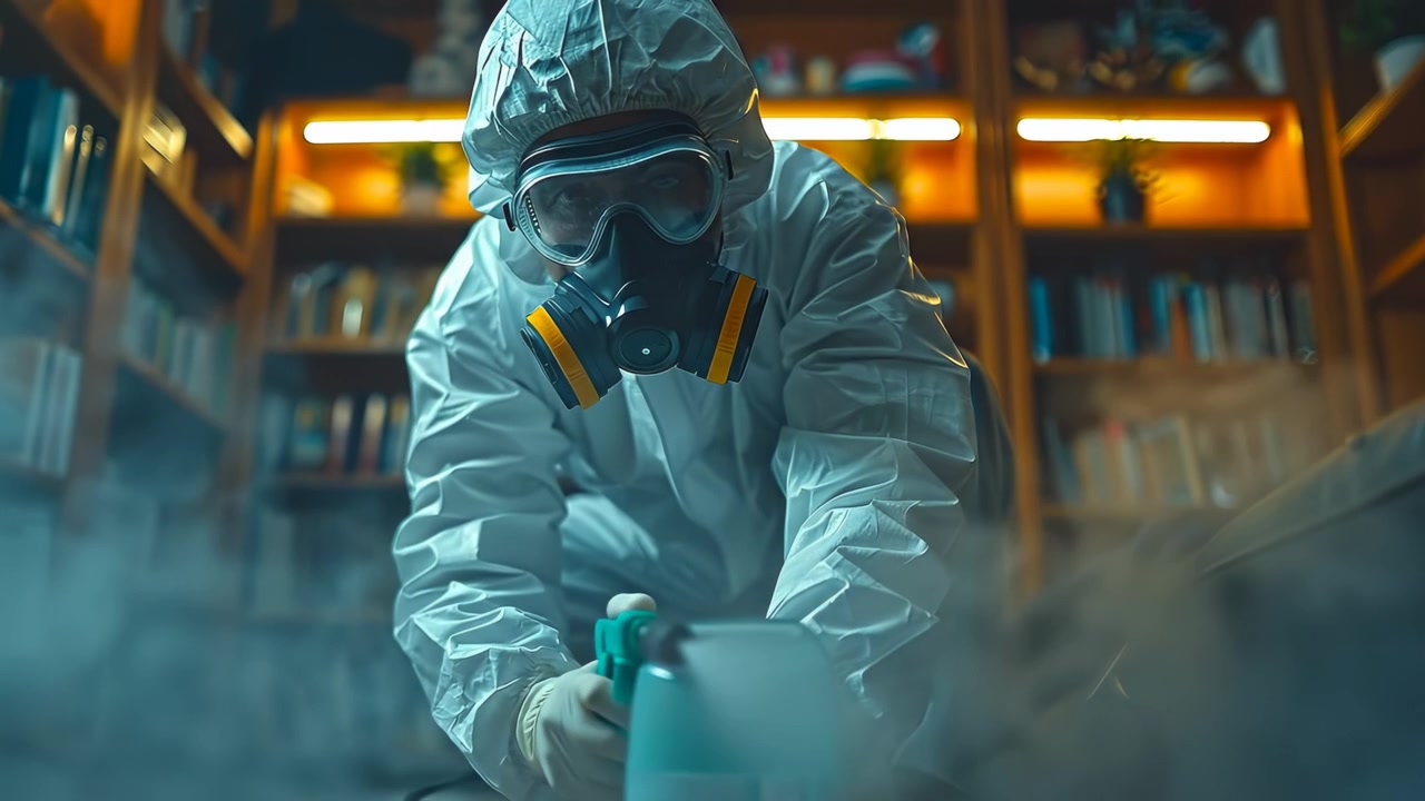 Persona in tuta protettiva che spruzza nebbia chimica disinfettante in una stanza. Persona in tuta protettiva e maschera respiratoria che spruzza fumo chimico all'interno di una sala biblioteca