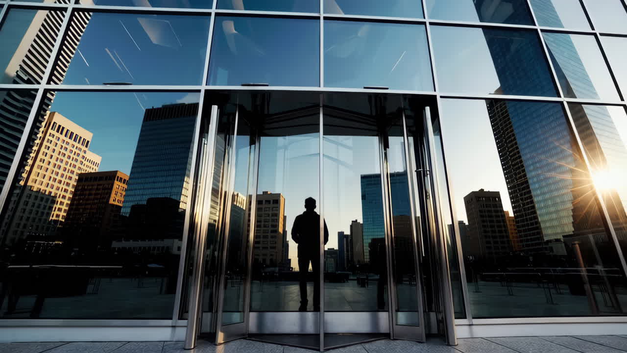 Cityscape Reflection through Modern Building Doors