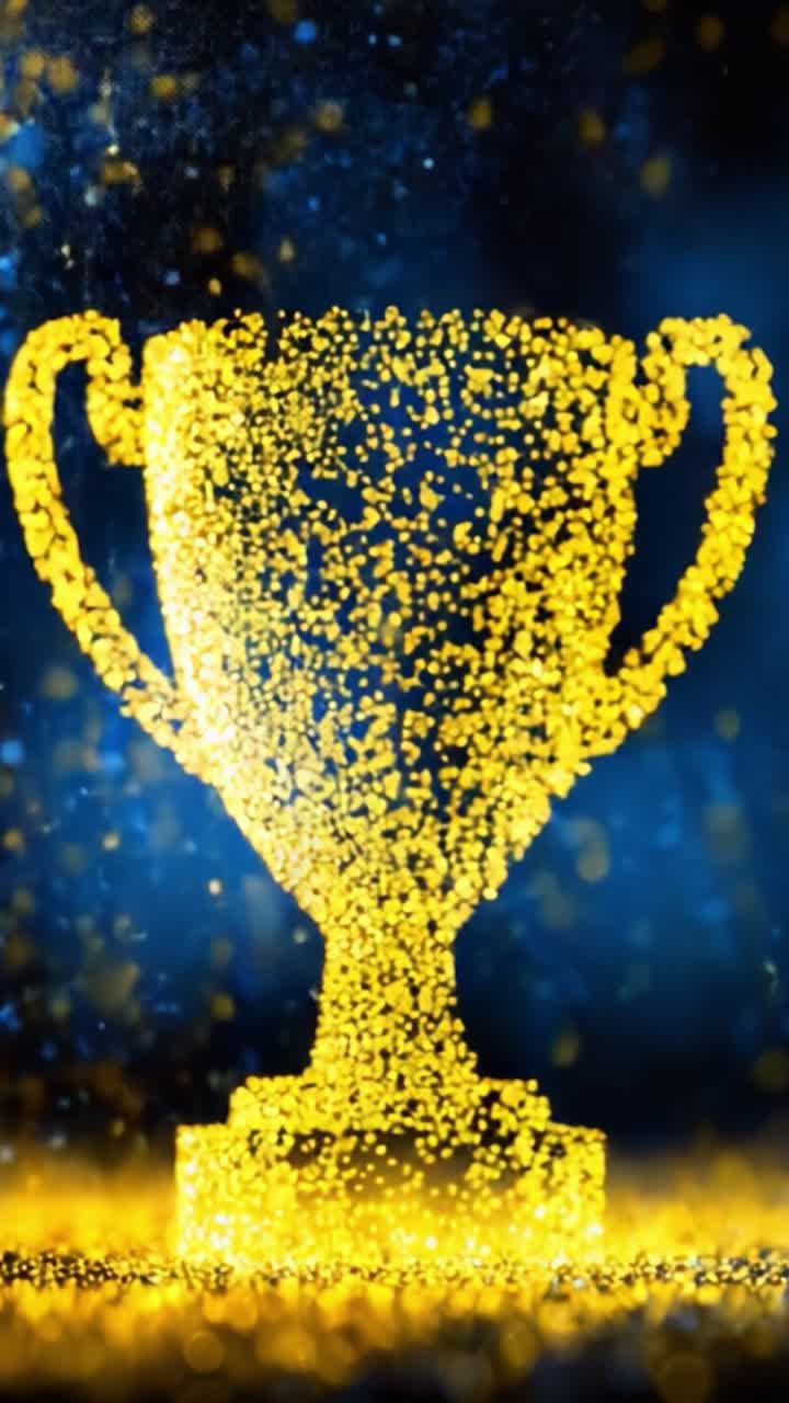 Un trofeo maestoso scintilla in particelle d'oro, simboleggiando successo e celebrazione con uno sfondo accattivante di luci colorate ed effetti scintillanti