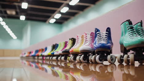 colorful roller skates lined up in a skating rink