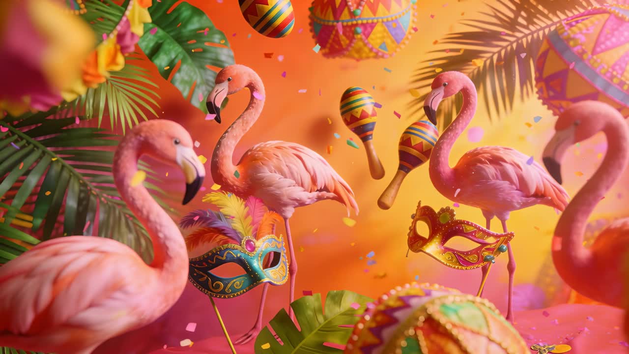 Showing three pink flamingos tilting heads while camera pushing in