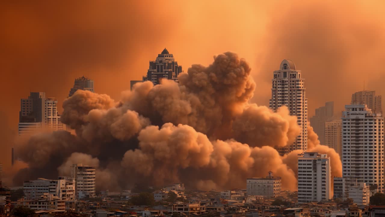 Eine erschreckende Begegnung mit Zerstörung: Stadtlandschaft, eingehüllt in Staub und Rauch unter einem dramatischen orangefarbenen Himmel, Chaos und Aufruhr in der Stadt widerspiegelnd.