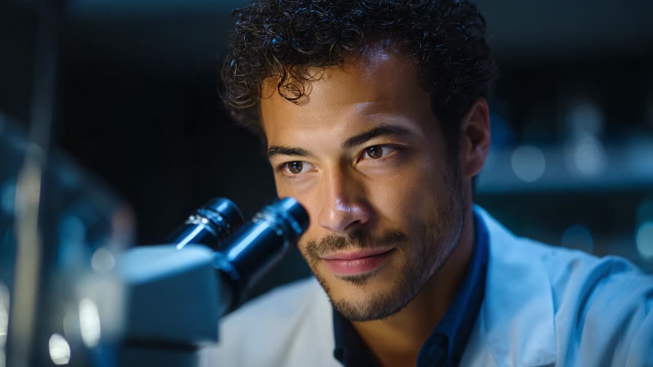 A focused male scientist examines specimens through a microscope in a modern laboratory, highlighting the intricate details of his work and the environment that supports scientific discovery