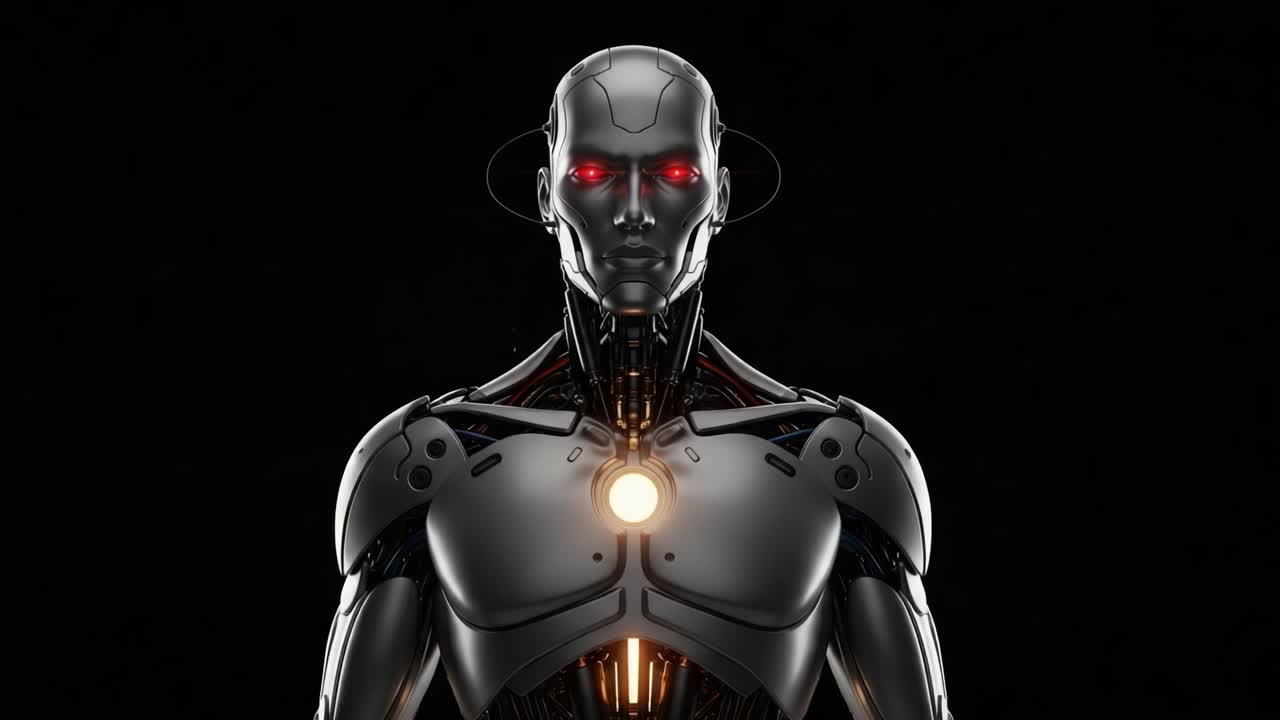 A futuristic robot with glowing red eyes and a prominent light at its center stands against a dark backdrop, showcasing advanced technology and design elements