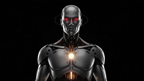a futuristic robot with glowing red eyes and a prominent light at its center stands against a dark backdrop, showcasing advanced technology and design elements