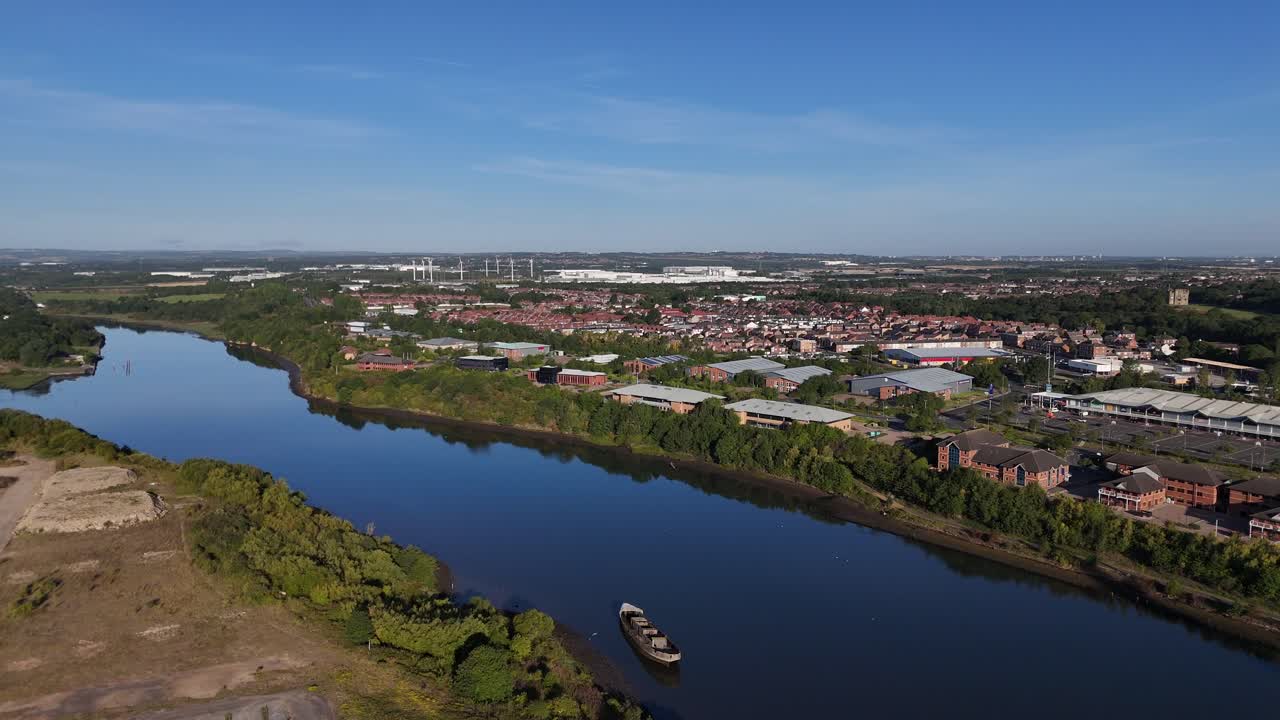 Aerial drone view of Sunderland north east england uk tyne and wear wearside river early morning