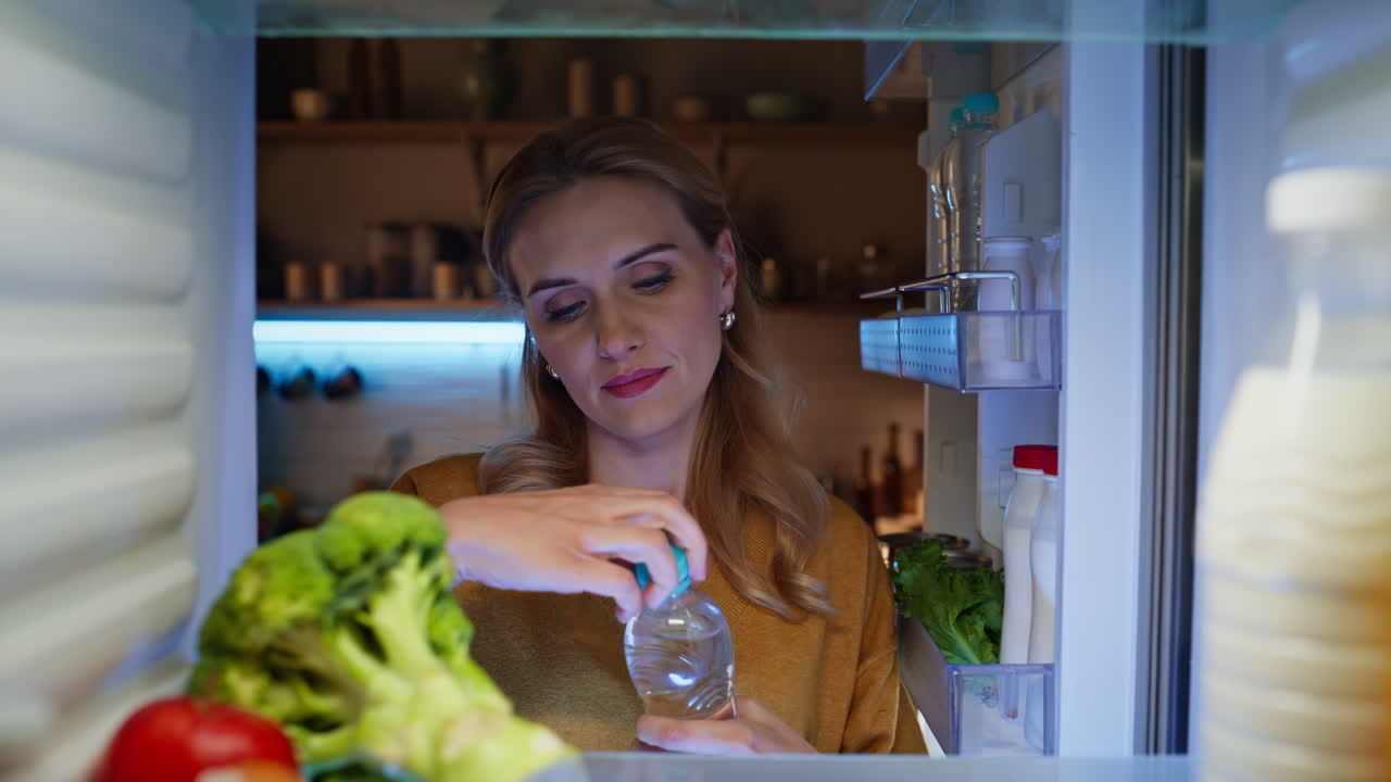 Diet woman picking water night dark kitchen closeup. Happy lady opening fridge