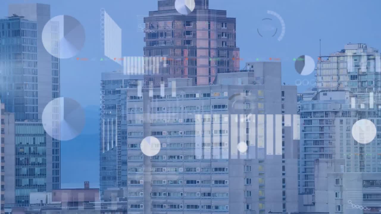Animation of statistical and stock market data processing against aerial view of tall buildings