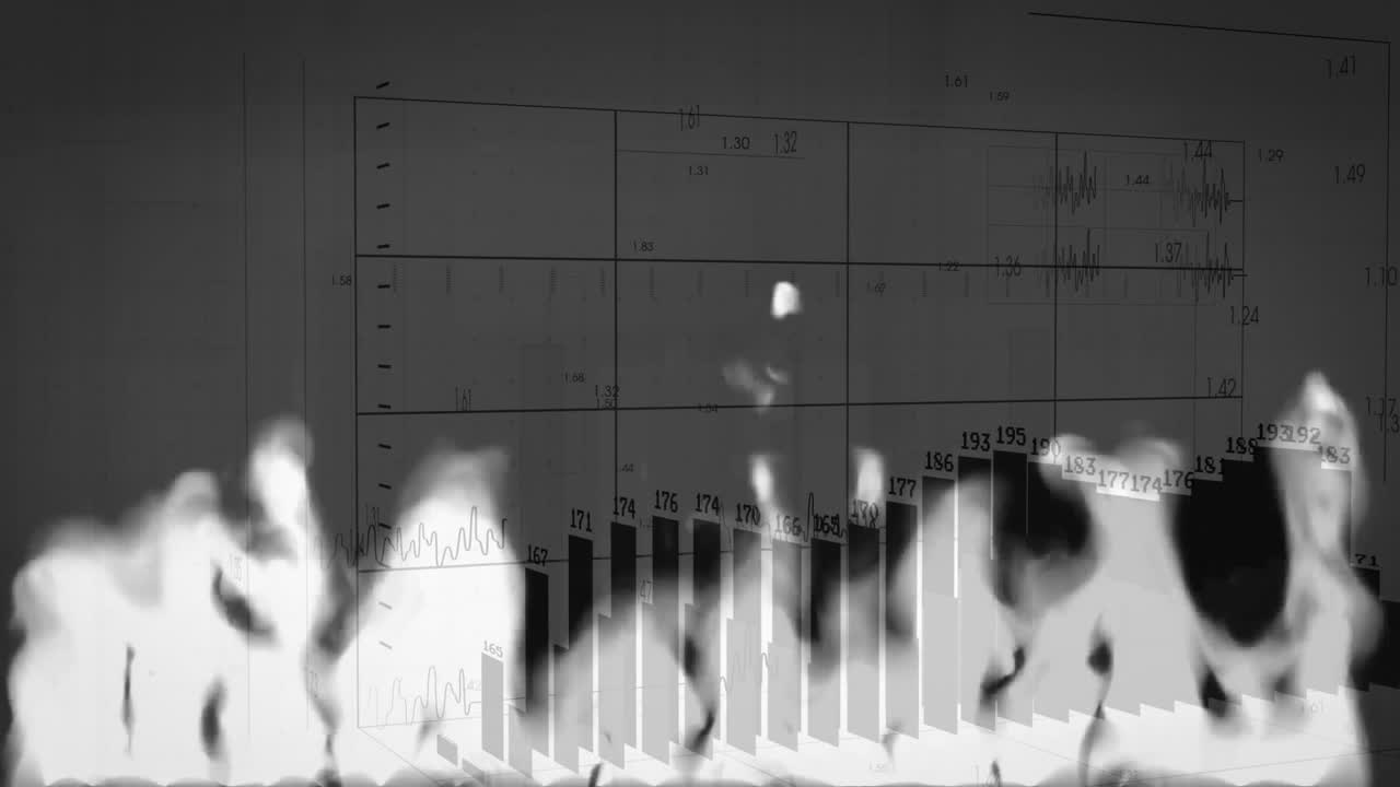 Grayscale 3D bar chart rising on grid, displaying numeric labels, floating among smoky shapes