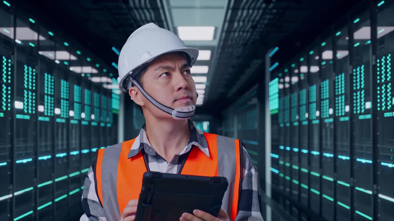 サーバールームのデータセンターに立ち、安全ヘルメットを着用したアジア人男性エンジニアのクローズアップ。彼は手に持ったタブレットを見ながら周囲を見回している。