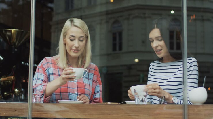 zwei gut aussehende junge frauen sitzen in einem café hinter einem fenster und trinken kaffee