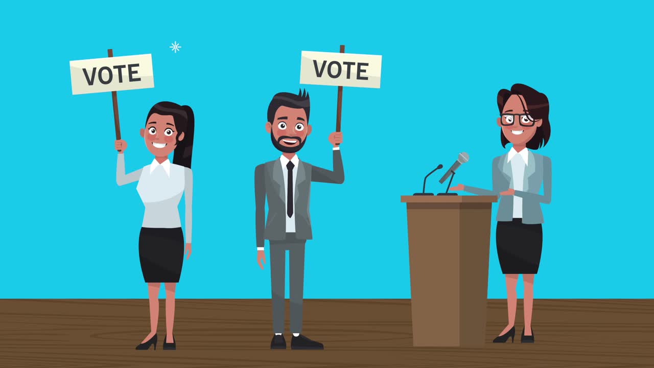 투표 배너와 포디엄을 가진 후보자 그룹