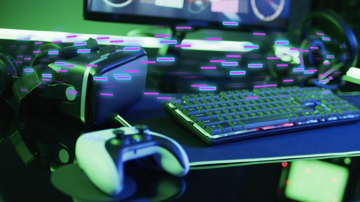 Animation of neon light trails over video game computer equipment