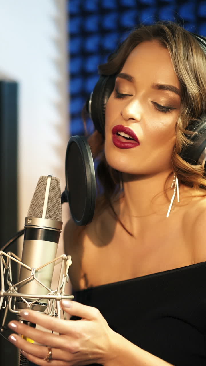 Vinnitsa, Ukraine - May 2019: Woman singing in a recording studio. Female vocals. Professional recording studio. Vertical video