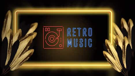 animation of retro music text and phonograph icon with neon frame over leaves on black background