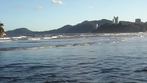 Itarare-beach-in-Sao-Vicente-and-Santos-border,-Brazil-coastline,-at-sunset