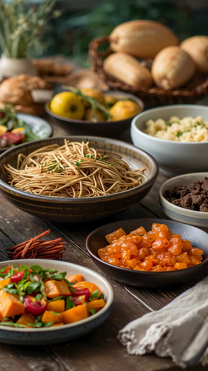 Vertical video: Sliding camera revealing noodle bowl at rustic table, showcasing fruit and bread