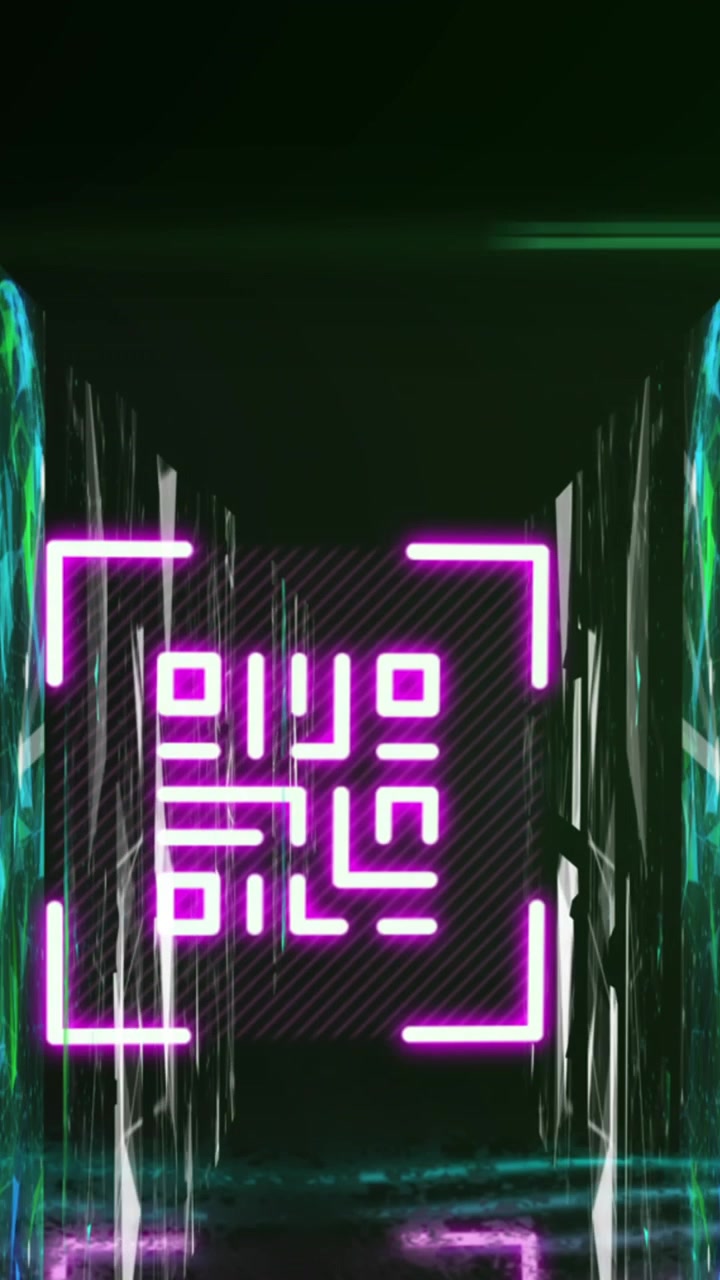 QR code scanner with neon elements against screens of networks of connections