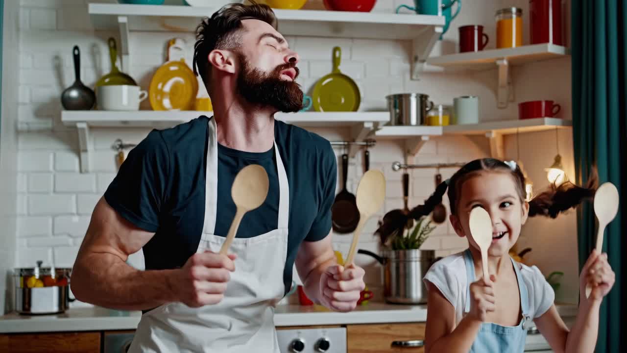 Vater und Tochter singen und tanzen mit Löffeln in der Küche