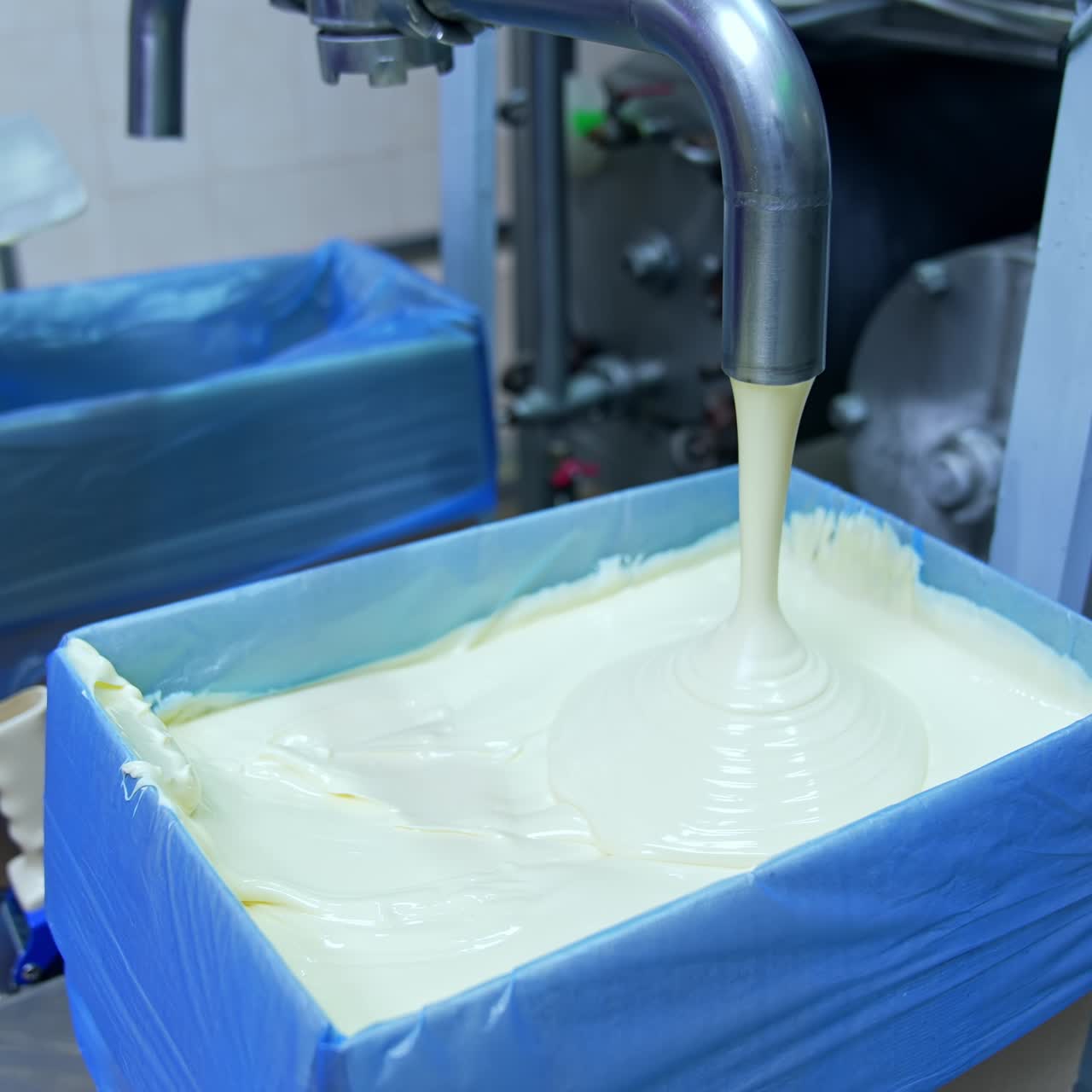 Processing of butter at dairy plant. Butter pouring from the pipe into the container