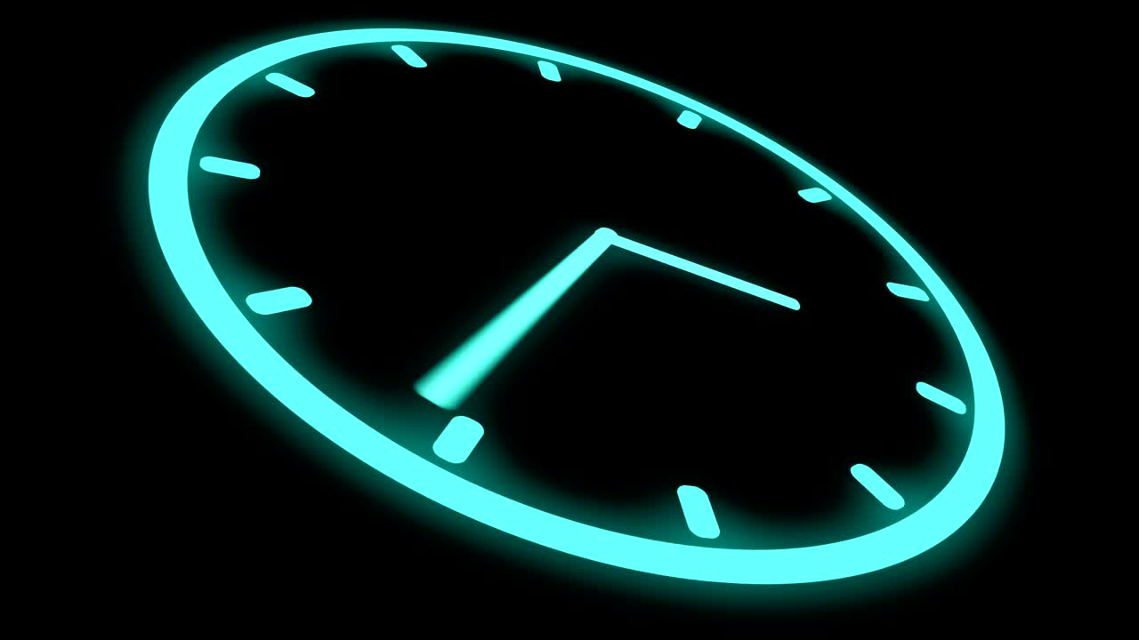 Fast moving clock Neon bright glowing spinning animation 3D rendering