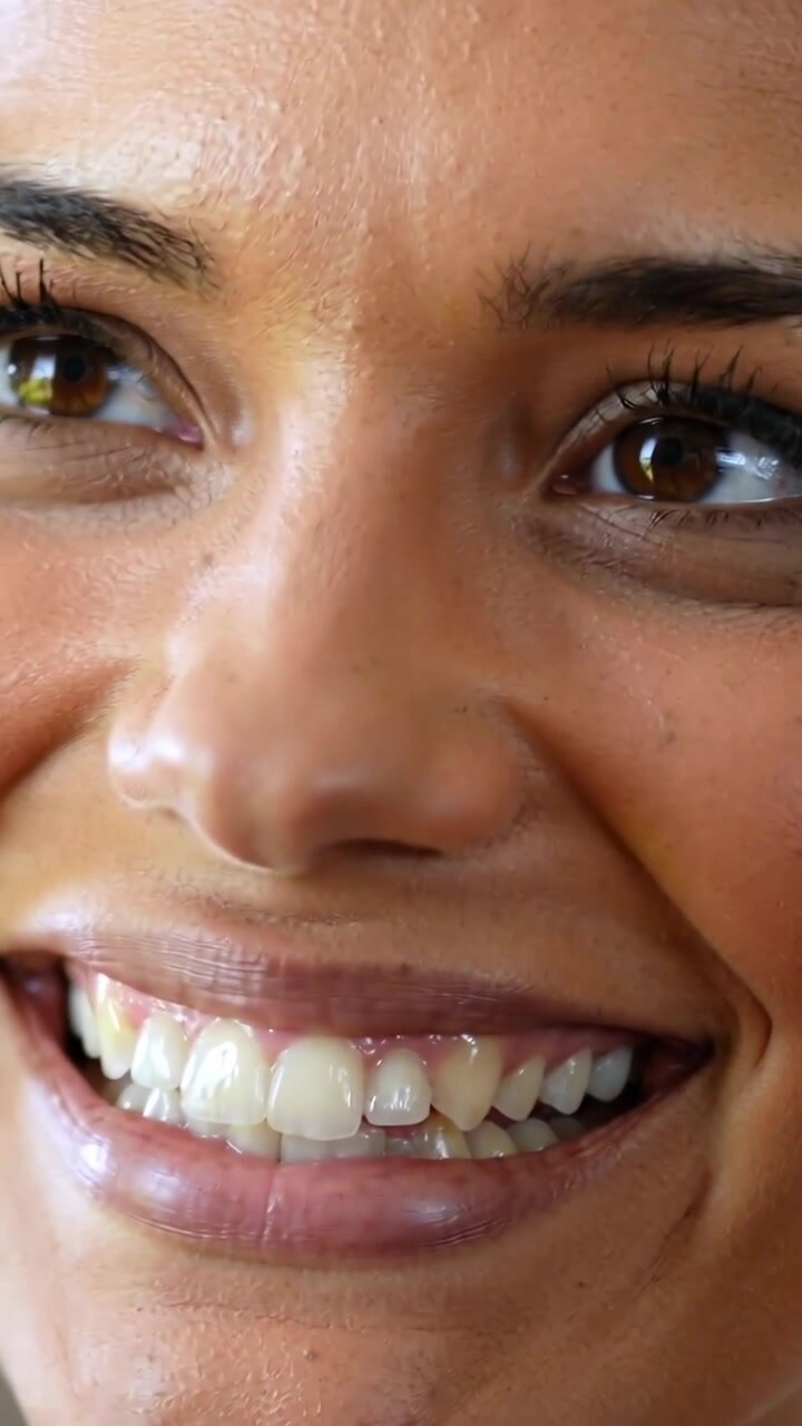 Vertical video: Smiling woman reacting to off-frame cue in studio closeup, showing teeth and eyes