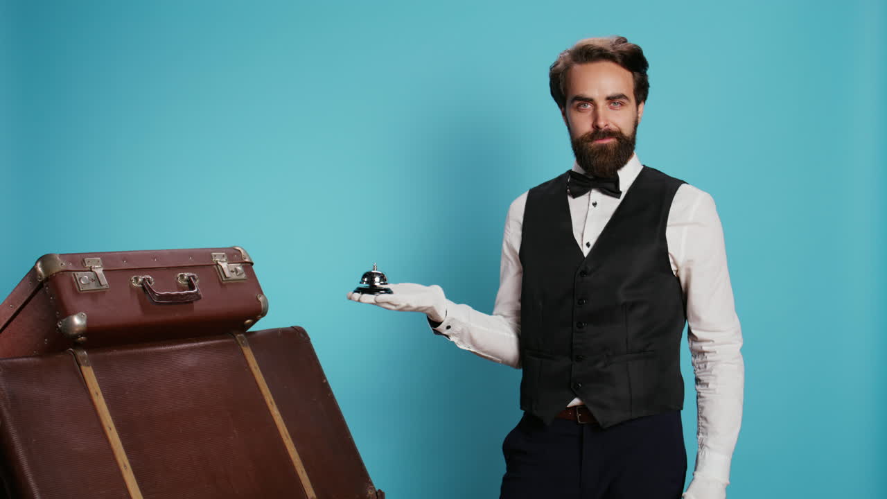 Male employee points at service bell