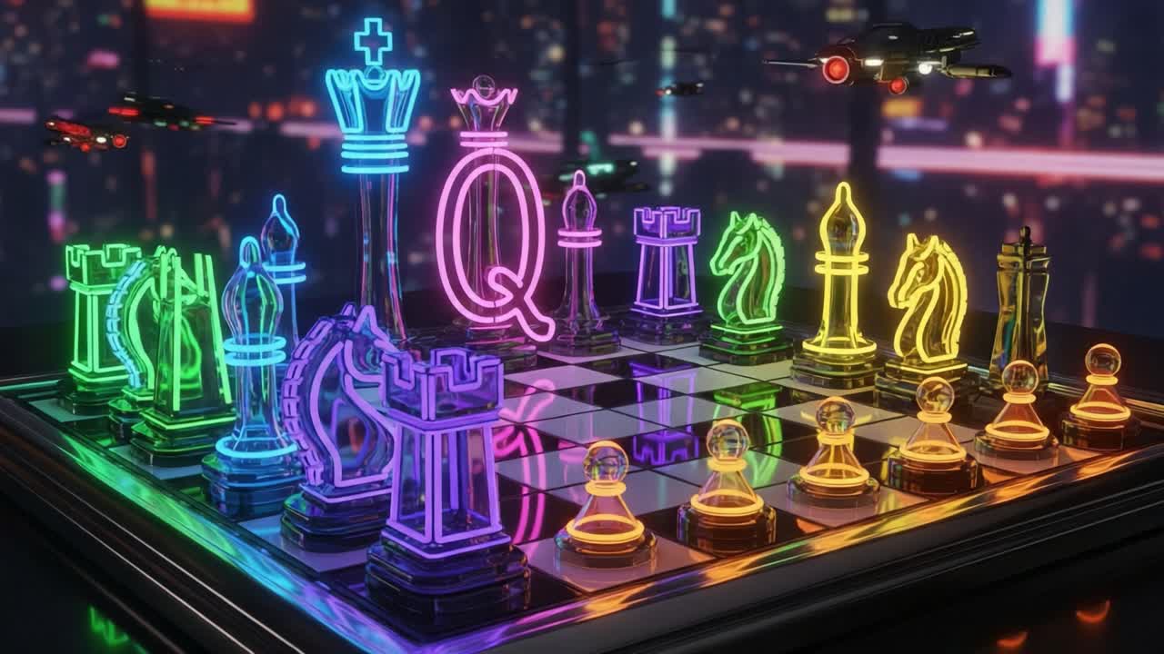 Neon Chessboard Displaying Illuminated Chess Pieces in a Futuristic Setting with a Colorful Urban Background and Sci-Fi Elements