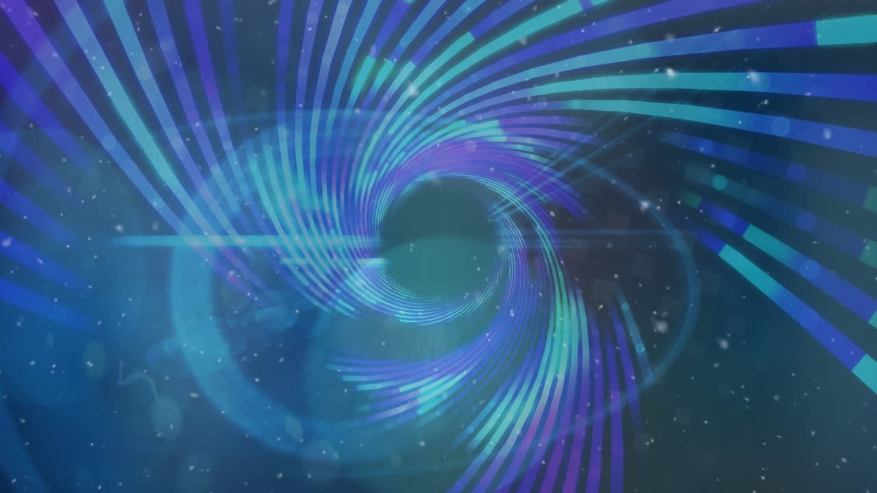Animation of snowflakes and blue bokeh lights over purple and blue spiral