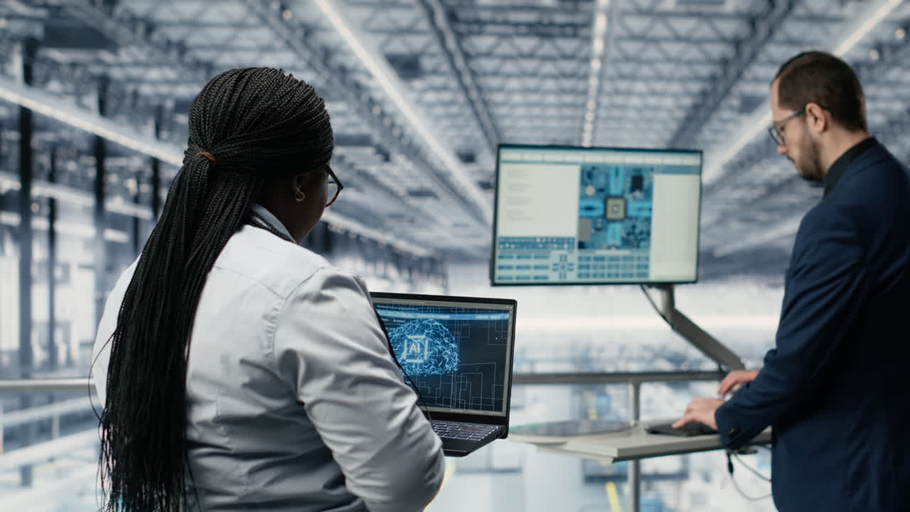 Using AI, microchip innovative technology and woman with colleague